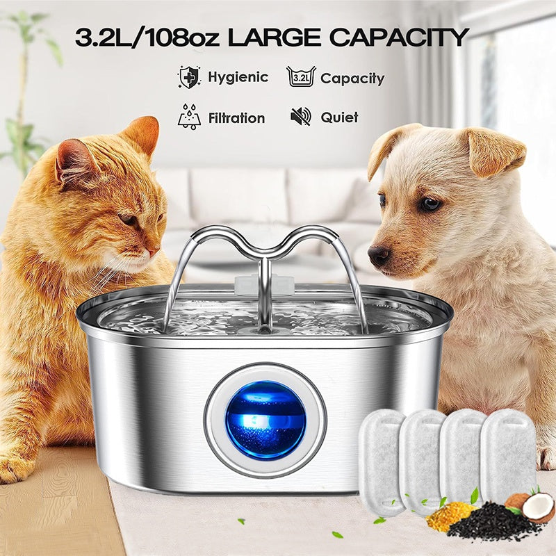 3.2L Cowhorn Model Pet Water Dispenser - Stainless Steel Automatic Water Fountain With 4 Replaceable Filters