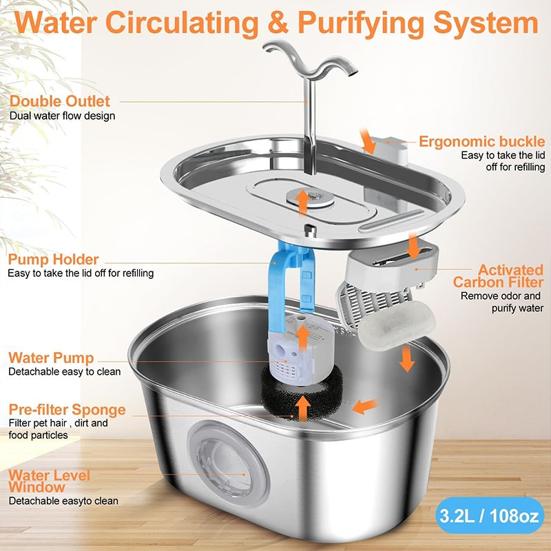 3.2L Cowhorn Model Pet Water Dispenser - Stainless Steel Automatic Water Fountain With 4 Replaceable Filters