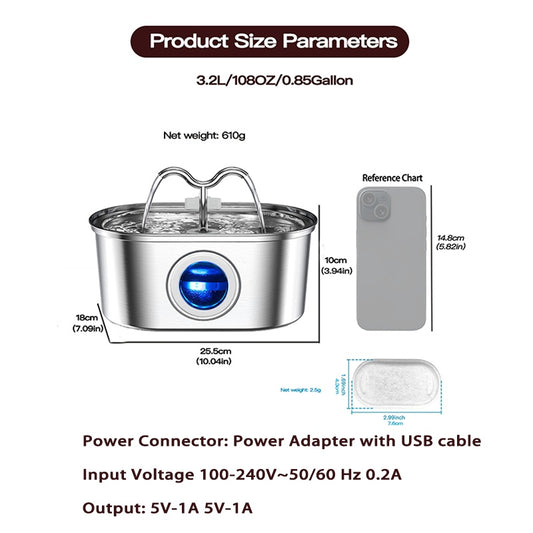 3.2L Cowhorn Model Pet Water Dispenser - Stainless Steel Automatic Water Fountain With 4 Replaceable Filters